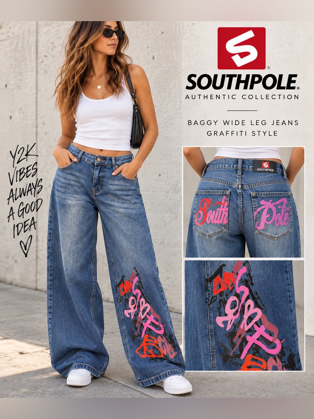 Southpole 9/29 Baggy Wide Leg Graffiti Jeans Y2K Streetwear Blue Denim